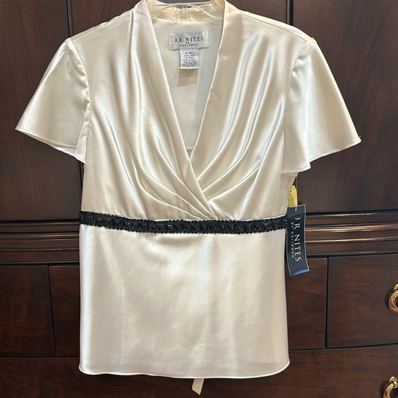 Ivory and black stretch satin top with black beads tucked under bust. Size 10 - Picture 1 of 6